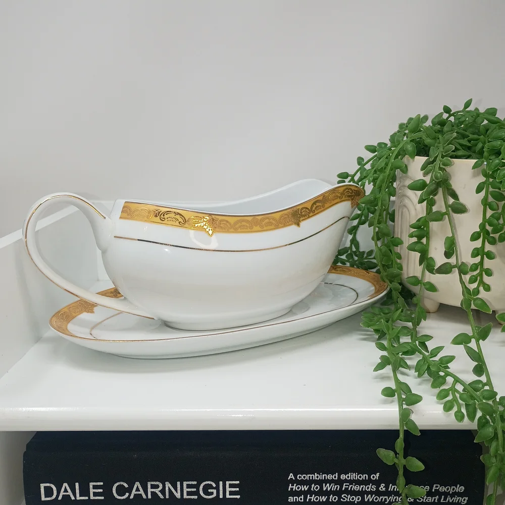 Elegant Gold & White Porcelain Gravy Boat with Underplate